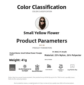 Detailed size chart and wool material specifications for the embroidered knit headscarf