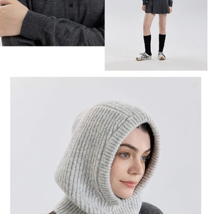 Detail of grey wool blend knitted balaclava showing fine ribbed texture and hood style