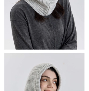 Detail of light grey wool blend knit balaclava showing thick ribbed texture and hood fit