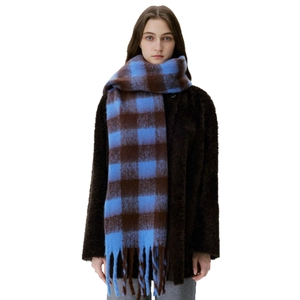 Blue and brown checkered faux cashmere scarf with fringe, warm winter accessory