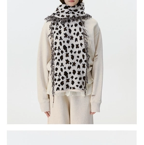 Detail of the leopard print knit scarf with fringe trim and thick textured material
