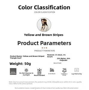 Detail specifications of yellow striped knit triangle scarf with wool blend material