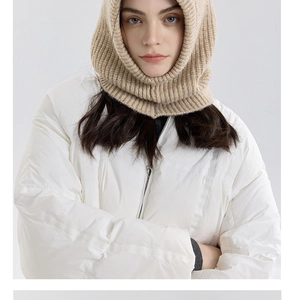 Detail of beige knit balaclava texture with white down jacket for winter outfit