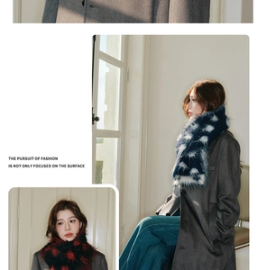 Detail showing plush thick faux fur scarf with navy polka dots and plaid patterns
