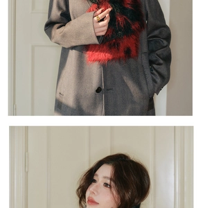 Detail of wool coat featuring a luxurious red and black faux fur collar and single button