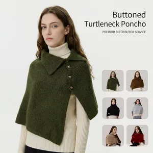 Women High Collar Buttoned Knit Shawl Wool Blend Neck Warmer Winter Warm Slouchy Poncho Chic Versatile Accessory