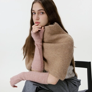 Knitted turtle neck shawl with arm warmers in brown and pink mohair style