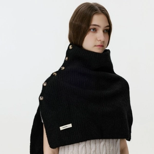 Chic black knitted button cowl scarf with premium wool texture and woven brand label
