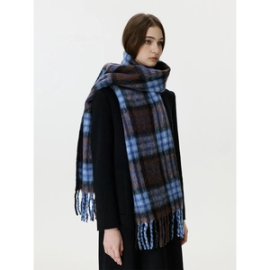 Retro Plaid Tassel Scarf Blue Brown Wool Blend Thick Warm Winter Pashmina Wrap For Women Men Fashion Neck Warmer Shawl