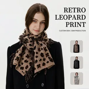 Vintage Leopard Print Knitted Wool Blend Scarf For Women Thickened Warm Winter Shawl With Tassel Detail Neck Warmer