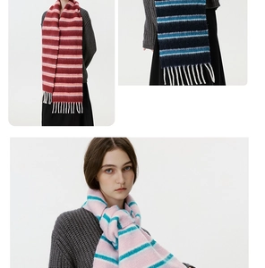 Close-up of soft wool blend knit scarf with colorful stripes and long fringe texture