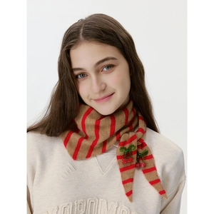 Striped wool knit neck scarf for women featuring handmade beaded cherry detail accents