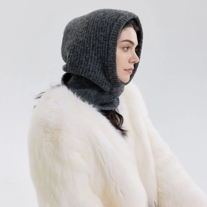 Deep grey knit balaclava for women, warm winter neck hooded hat with ribbed detailing