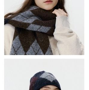 Detail of the diamond pattern knit scarf and beanie with soft wool texture for winter