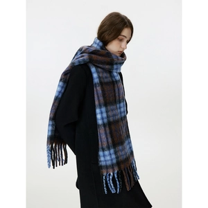 Classic blue and brown checkered scarf with thick fringe detail for winter warmth