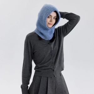 Blue ribbed wool blend balaclava knit hood for women in trendy winter style