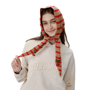 Classic striped wool knit triangle scarf with handmade red cherry tassels for women