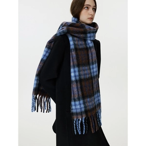 Blue and brown plaid wool scarf with long tassels for winter warmth and soft texture