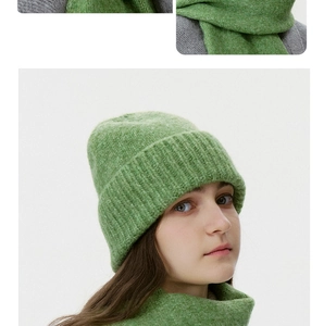 Detail of green knitted beanie and scarf set featuring soft mohair texture and ribbed pattern