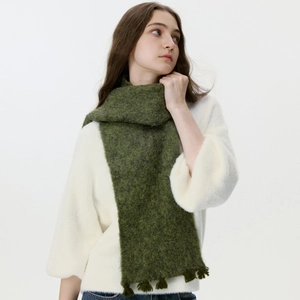 Dark green long knit wool blend scarf with fringe tassels for winter warmth