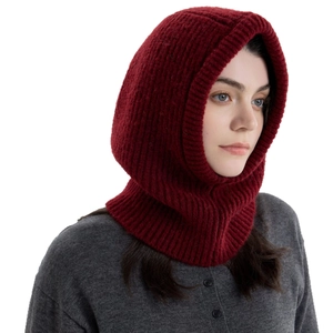 Deep burgundy wool blend knit balaclava for women with warm ribbed head and neck cover