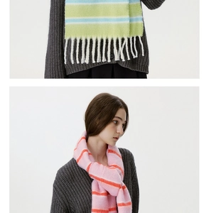 Detail of wool blend striped scarf showing thick plush texture and long fringe tassels