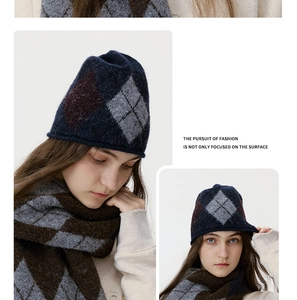 Detail of plush argyle knit winter hat and scarf set showing fuzzy texture and patterns