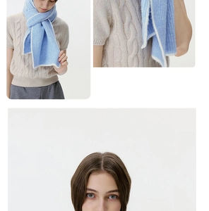 Detailed close-up of soft blue and beige wool blend knit scarf showing fuzzy texture