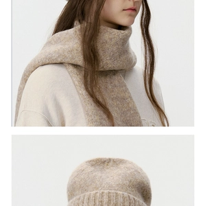 Detail of oatmeal knit scarf and beanie set with thick plush texture for winter warmth