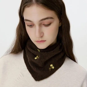 Brown wool knitted triangle scarf with yellow floral embroidery for autumn winter season