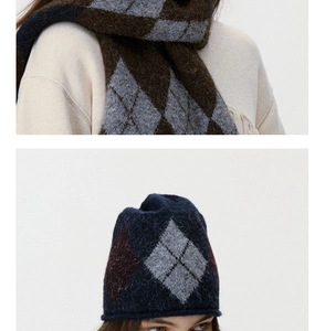 Detail of argyle knit beanie and scarf set featuring long plush mohair material in brown and blue