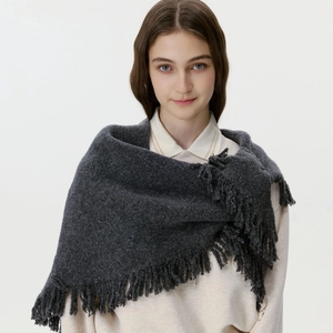 Soft dark grey wool blend knitted shawl with fringe tassels for winter warmth