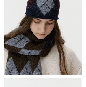 Detail of argyle knit beanie and scarf set in plush brown and blue mohair blend fabric