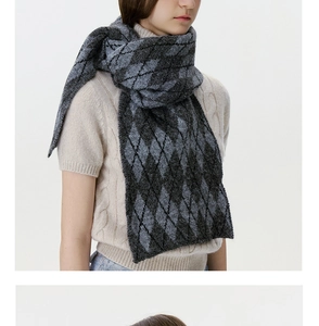 Detail of the soft argyle jacquard knit texture on this warm grey and black winter scarf