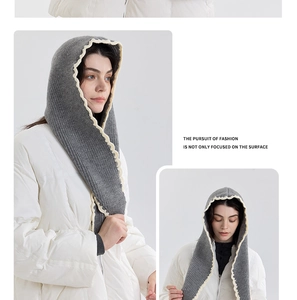 Detail of grey knitted balaclava hood with wavy cream trim on white puffer jacket