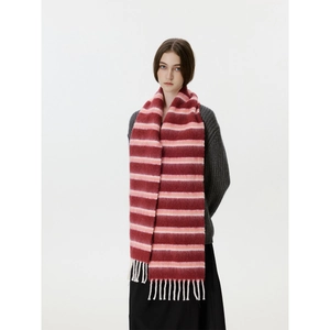 Colorful striped wool blend knit scarf with fringe details for autumn and winter warmth
