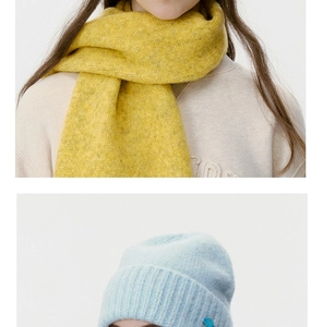 Detail of yellow knit scarf and light blue ribbed beanie with soft wool texture