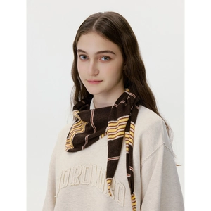 Brown striped knit triangle scarf for women with elegant drape and yellow accents