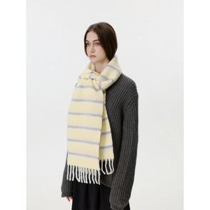 Soft wool blend striped scarf with fringe tassels in light yellow and grey patterns