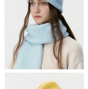 Close-up of light blue and yellow knit beanie hats and scarf set in soft long-hair wool