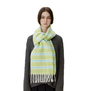 Light green and sky blue striped wool blend scarf with white tassels on a grey sweater