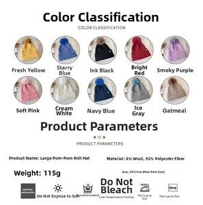 Size and material chart for knit beanies showing wool blend data and multiple colors