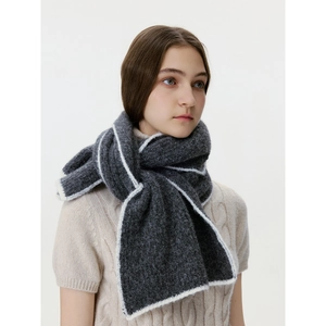 Dark grey wool blend knit scarf with white stitched edges for winter warmth