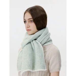 Light green wool blend knit scarf with white trim for winter warmth and cozy styling