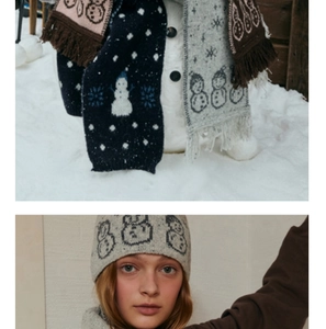 Close-up of winter knit scarf and beanie with cartoon snowman and snowflake patterns