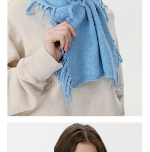 Detail of light blue wool blend scarf showing soft knit texture and long fringe tassels