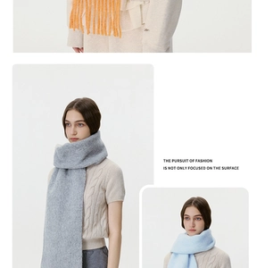 Three-way split view showing knit scarves in orange, grey, and light blue with tassel details