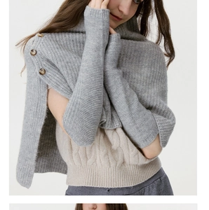 Close-up of grey ribbed knit shoulder wrap featuring decorative wooden side buttons