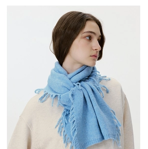 Detail of light blue wool blend scarf showing soft knit texture and fringe tassels
