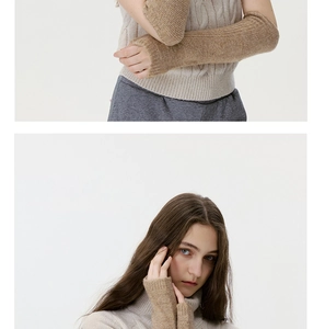 Detailed knit texture of premium oatmeal cashmere arm warmers in a dual-panel studio shot